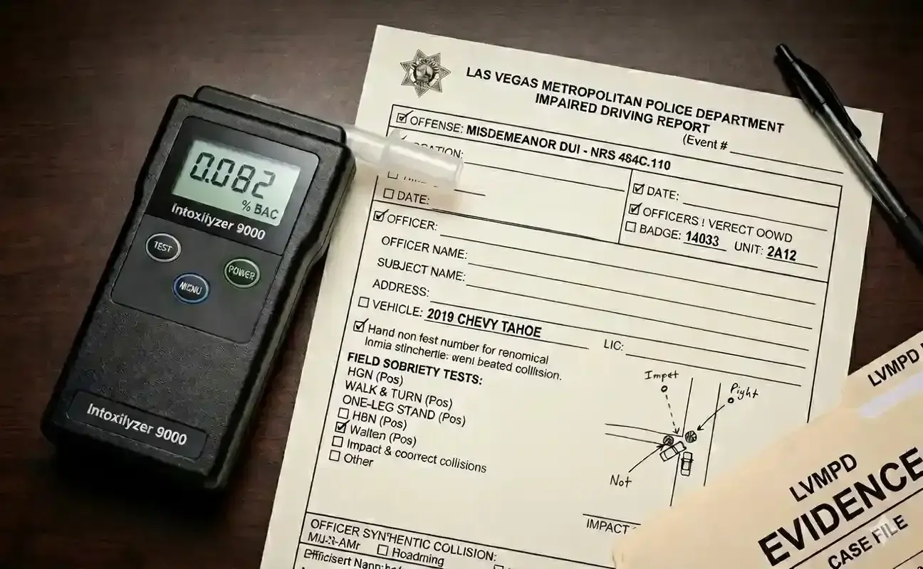 Breathalyzer device and police report documenting DUI evidence in accident case