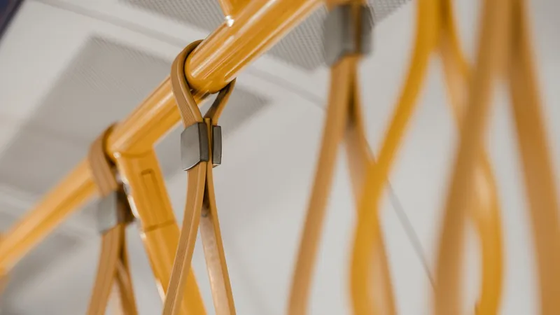 Close-up of yellow hanging hand straps on a rail inside a public bus