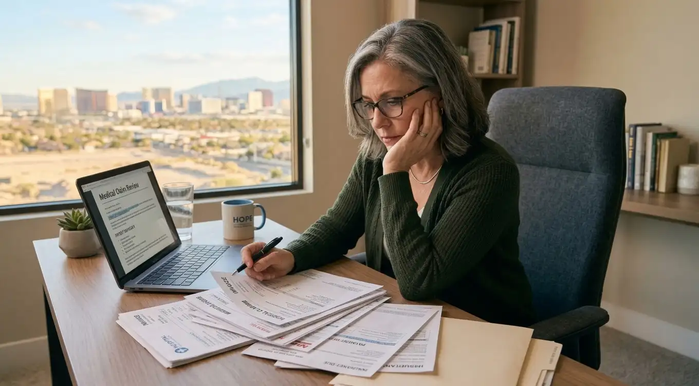 Injured person reviewing medical bills and legal documents at a desk — personal injury damages in Nevada