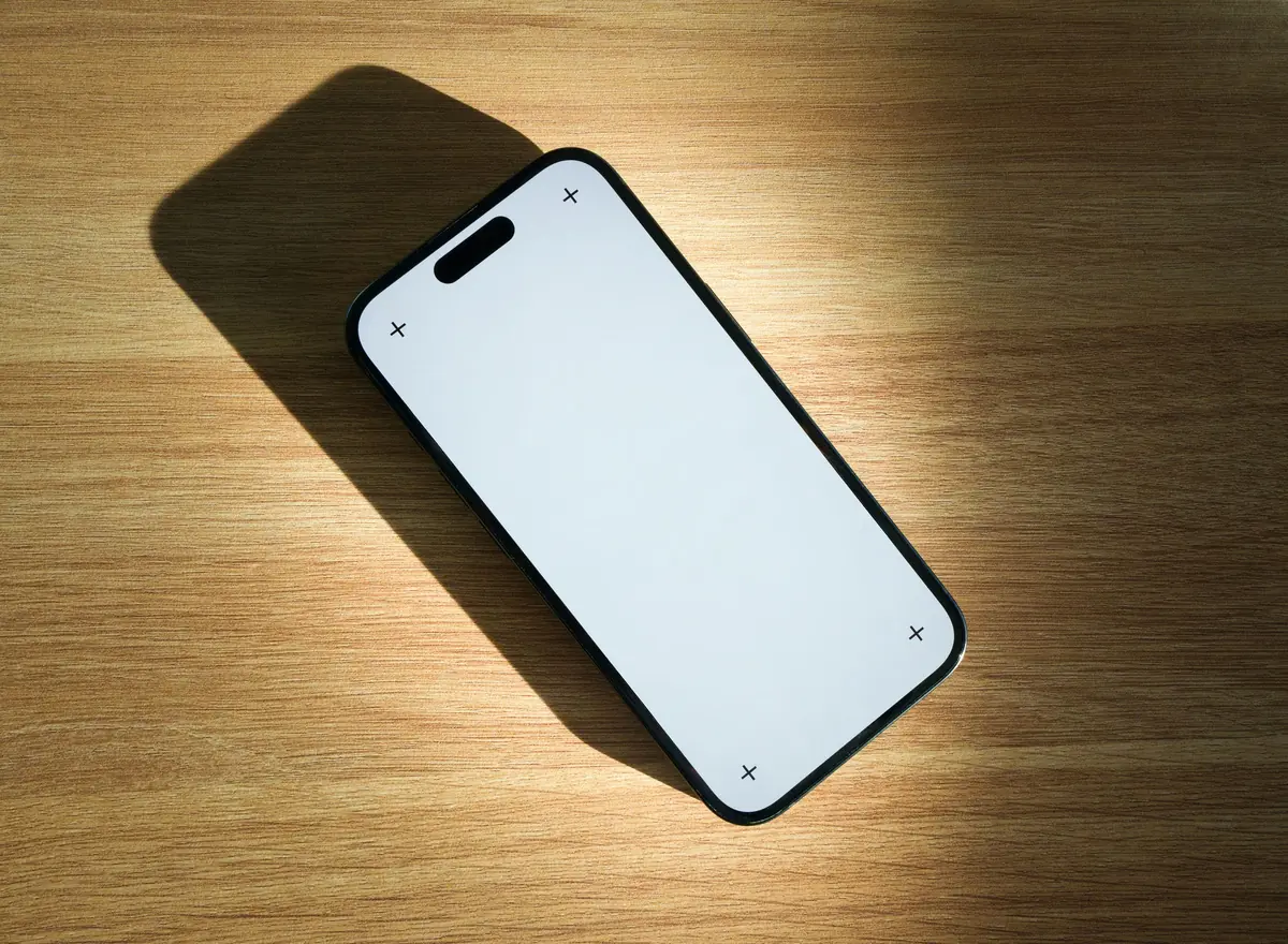 Smartphone with a blank screen on a wooden table