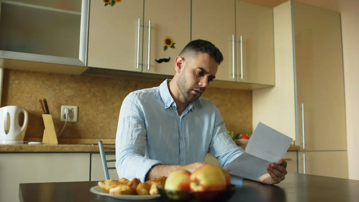 Man reviewing an insurance claim letter at his kitchen table
