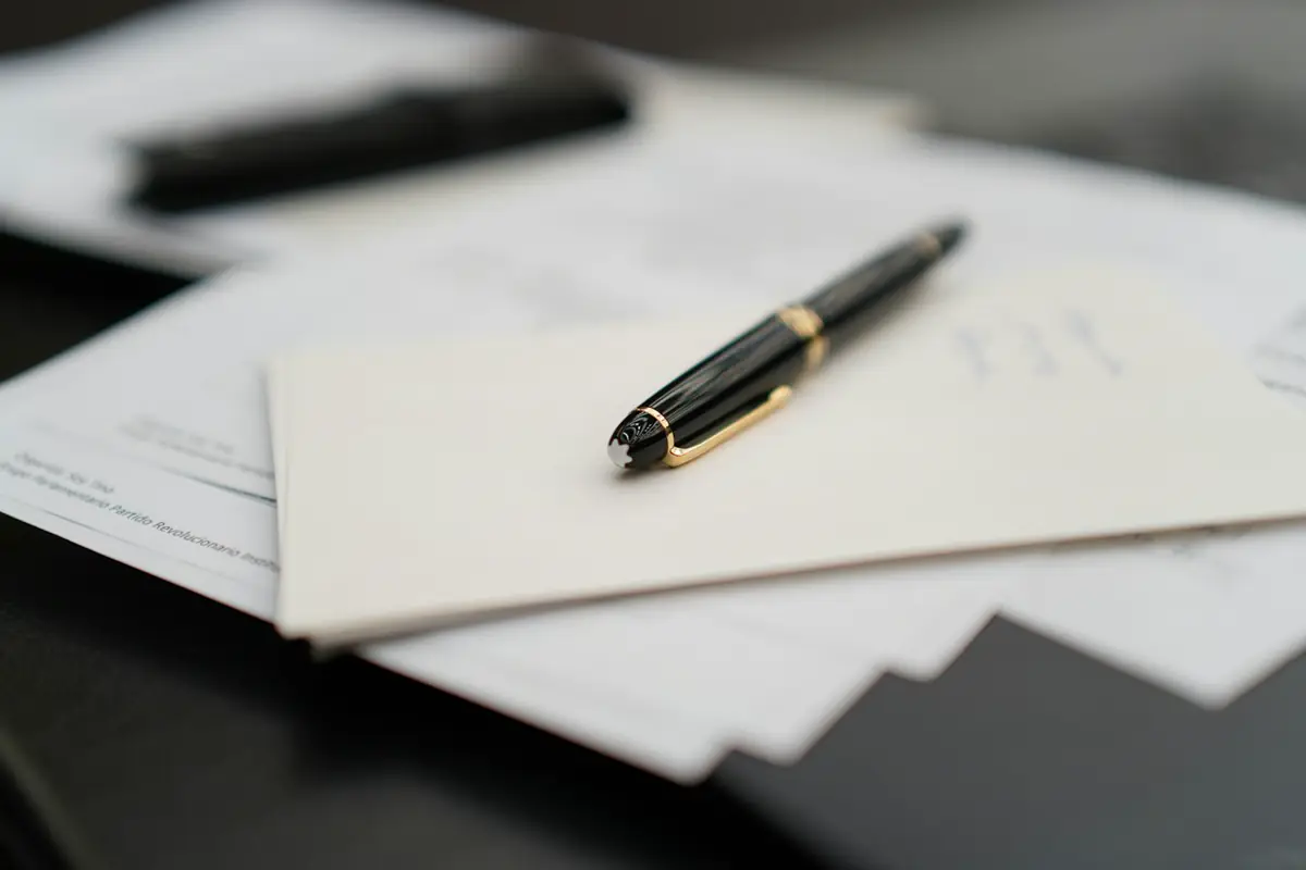 Black pen resting on a stack of printed papers