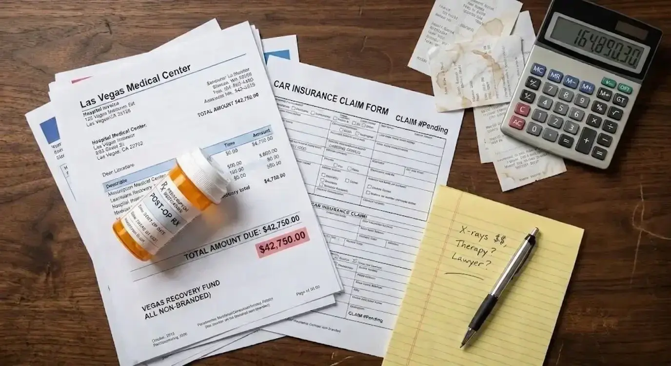Medical bills, insurance documents, and legal paperwork representing the damages recoverable after a truck accident in Nevada