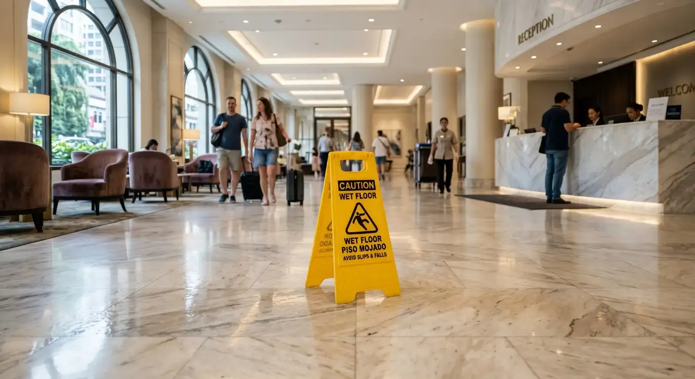 Wet floor caution sign in a Las Vegas hotel lobby — slip and fall accident premises liability Nevada